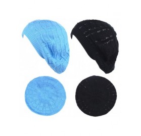 Berets Chic Soft Knit Airy Cutout Lightweight Slouchy Crochet Beret Beanie Hat - 2-pack Sky Blue & Black - CW18LEILNK2 $15.64