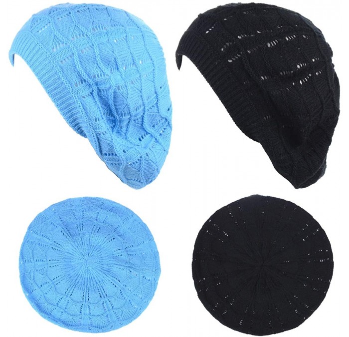 Berets Chic Soft Knit Airy Cutout Lightweight Slouchy Crochet Beret Beanie Hat - 2-pack Sky Blue & Black - CW18LEILNK2 $30.51