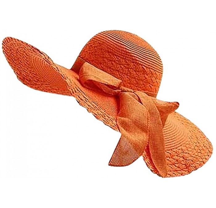 Sun Hats Women Colorful Big Brim Straw Bow Hat Sun Floppy Wide Brim Hats Beach Cap - Orange - CT18QELXDRC $15.80