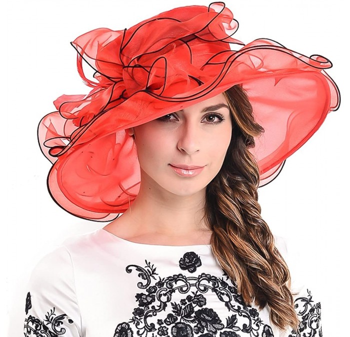 Sun Hats Fascinators Kentucky Derby Church Dress Large Floral Party Hat - Red/Black - CS12DLX4S1V $27.88