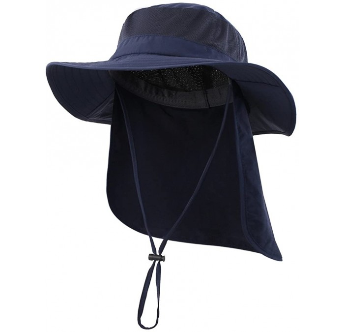 Sun Hats Outdoor UPF50+ Mesh Sun Hat Wide Brim Fishing Hat with Neck Flap - Navy Blue - C718DQZ43QX $18.54
