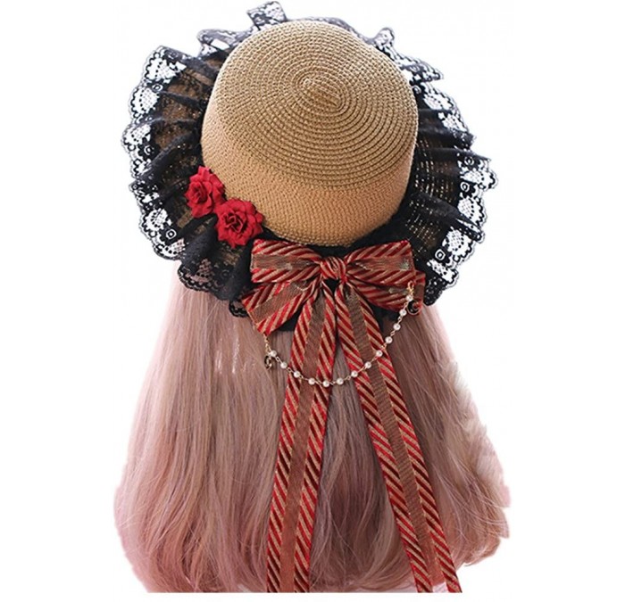 Sun Hats Sun Hats for Women UV Protection Summer Sweet Cute Lolita Lace Straw Hat - Black Red - CC18EH3QK59 $23.10