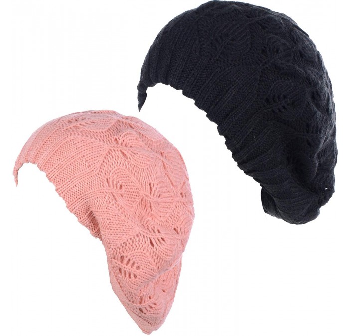 Berets Winter Chic Warm Double Layer Leafy Cutout Crochet Chunky Knit Slouchy Beret Beanie Hat Solid - CY18X4AIE3N $25.14