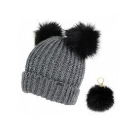 Skullies & Beanies Trendy Cuff Winter Chunky Knit Beanie Hat with Double Faux Fur Pom Pom Bear Ears & Key Chain - Charcoal - ...