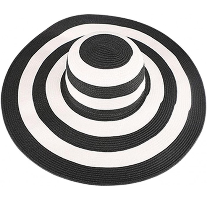 Sun Hats Women's British Elegant Floppy Wide Brim Striped Straw Beach Sun Hat - Diff Colors - Black - CF12DZ4CJSZ $50.66