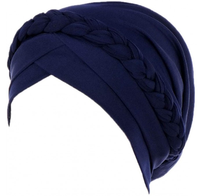 Skullies & Beanies Chemo Cancer Braid Turban Cap Ethnic Bohemia Twisted Hair Cover Wrap Turban Headwear - Navy Blue - C018U8N...