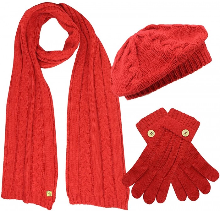 Skullies & Beanies Cable Knit Beret Hat Scarf & Glove Matching 3 Piece Set Set - Red - C1115VRF3HJ $23.49