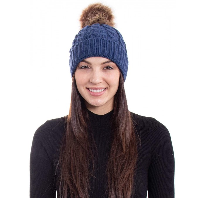 Skullies & Beanies Women's Knit Winter Hat Pom Pom Beanie - Denim Blue - C918HK6UERG $28.53