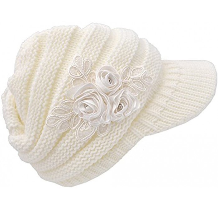 Skullies & Beanies Women Winter Warm Knit Hat Crochet Visor Brim Cap with Flower Accent - White - CS184HQ9HSZ $26.68