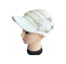 Skullies & Beanies Women Winter Warm Knit Hat Crochet Visor Brim Cap with Flower Accent - White - CS184HQ9HSZ $14.55