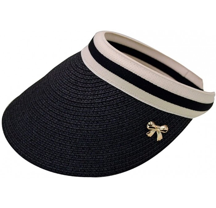 Sun Hats Women's Wide Brim Roll-Up Visor Hat Outdoor Beach Clip-on Straw Hat Travel Sun Cap - Black - CZ18DAXWYHU $34.03