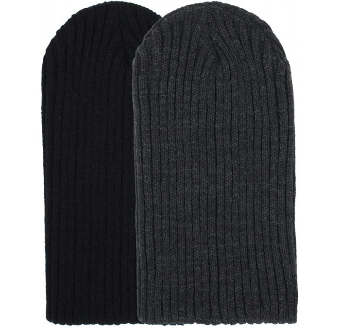 Skullies & Beanies 2 Pack Solid Color Blank Long Cuff Daily Stretch Knit Winter Beanies - Black & Dark Grey - CN11NVE62UV $28.81