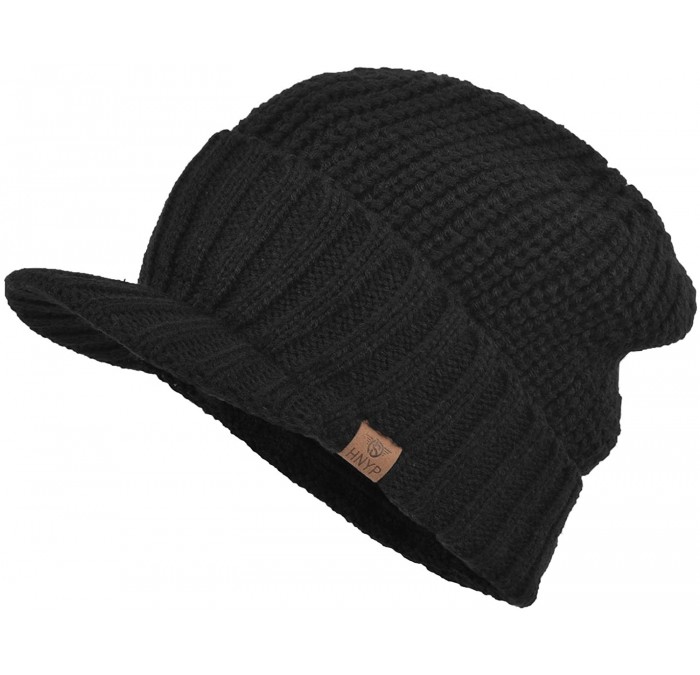 Skullies & Beanies Men's Stylish Knit Visor Brim Beanie Hats Fleece Lined Skull Ski Caps - Black - C211VEKC609 $26.94
