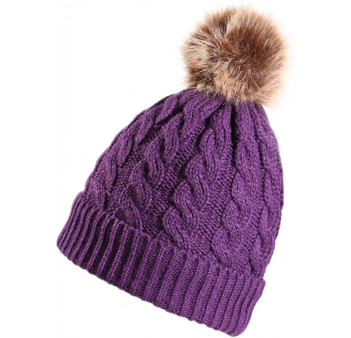 Skullies & Beanies Women's Winter Ribbed Knit Faux Fur Pompoms Chunky Lined Beanie Hats - Dark Purple - CI18XZ59RHR $7.75