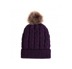 Skullies & Beanies Women's Winter Ribbed Knit Faux Fur Pompoms Chunky Lined Beanie Hats - Dark Purple - CI18XZ59RHR $7.75