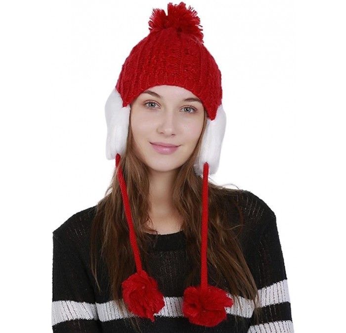 Skullies & Beanies Women's Winter Warm Crochet Cap Wool Knit Ski Beanie Hat with Ear Flaps - Red - CF188GT3SI7 $21.55