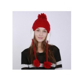 Skullies & Beanies Women's Winter Warm Crochet Cap Wool Knit Ski Beanie Hat with Ear Flaps - Red - CF188GT3SI7 $10.53
