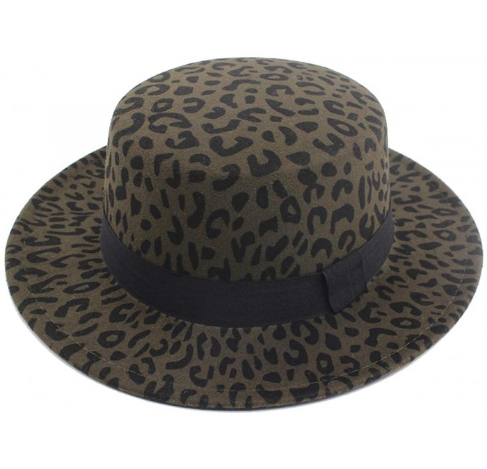 Fedoras Women's Brim Fedora Wool Flat Top Hat Church Derby Bowknot Cap - Olive Leopard - CJ1936WXG7G $18.37