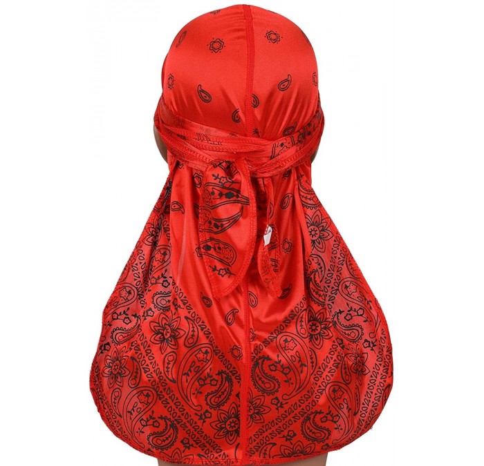 Skullies & Beanies Paisley Pattern Silky Durag Extra Long-Tail and Wide Straps Headwraps Pirate Cap - Red - C618SXDU5KI $20.84
