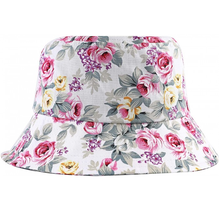 Bucket Hats Fashion Print Bucket Hat Summer Fisherman Cap for Women Men - Flowers White - C718SO25TK9 $33.76