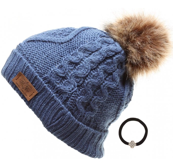 Skullies & Beanies Women's Winter Fleece Lined Cable Knitted Pom Pom Beanie Hat with Hair Tie. - Dark Denim - CS18I7U8R0W $15.22