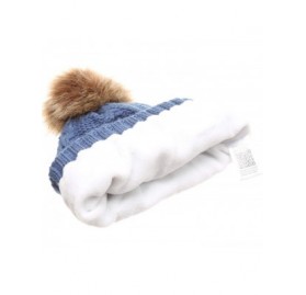 Skullies & Beanies Women's Winter Fleece Lined Cable Knitted Pom Pom Beanie Hat with Hair Tie. - Dark Denim - CS18I7U8R0W $15.22
