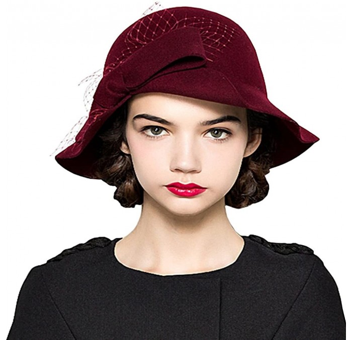 Fedoras Women's Bow Flowers Wool Felt Bowler Hat - Wine Red - CR12MCI8I4T $29.20
