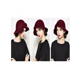 Fedoras Women's Bow Flowers Wool Felt Bowler Hat - Wine Red - CR12MCI8I4T $29.20