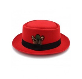 Fedoras Classic Wool Felt Black Pork Pie Hat Porkpie Jazz Fedora Hat Round Top Trilby Stingy Brim Feather Cap - Red - CC18LGU...