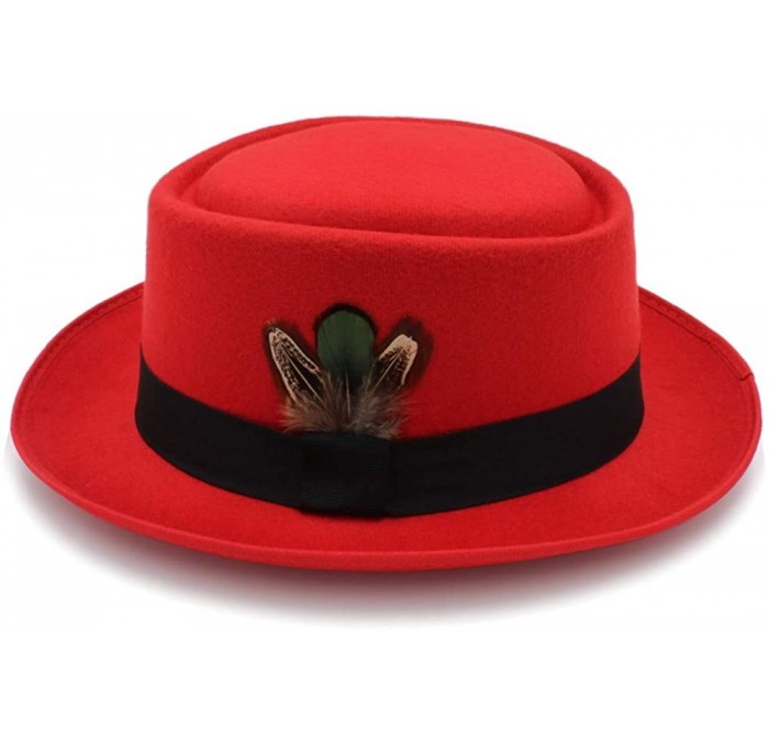 Fedoras Classic Wool Felt Black Pork Pie Hat Porkpie Jazz Fedora Hat Round Top Trilby Stingy Brim Feather Cap - Red - CC18LGU...
