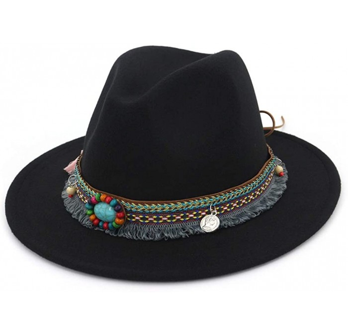Fedoras Men Women Vintage Felt Fedora Hat Wide Brim Panama Hats with Buckle - B-belt Black - CL18SR5H79X $13.01