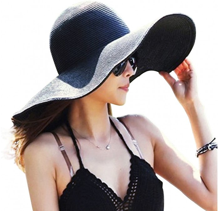 Sun Hats Womens Big Bowknot Straw Hat Floppy Foldable Roll up Beach Cap Sun Hat UPF 50+ - Aa Black / Wire Edge - CI184XC5UZY ...