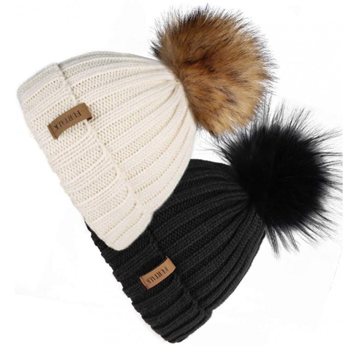 Skullies & Beanies Womens Winter Knitted Beanie Hat with Faux Fur Pom 2 Packs Warm Knit Skull Cap Beanie for Women - CL18UWOR...