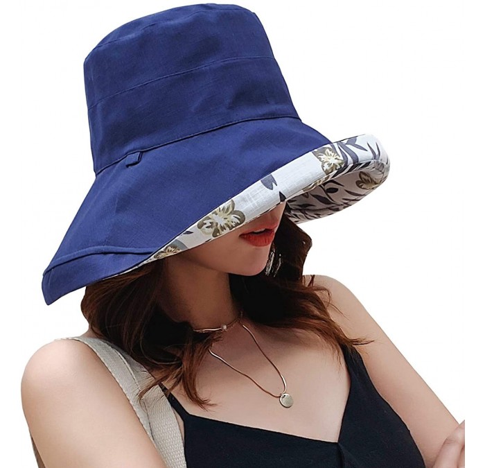 Sun Hats Women Reversible Bucket Hat UV Sun Protection Wide Brim Foldable Floppy Bucket Hat - 2floral-navy Blue - CU18RWYHCNO...