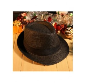 Fedoras Straw Panama Hat Short Brim Trilby Fedora Hat Summer Beach Sun Hats Women Men - 03-black - CX194HS6HUG $17.91