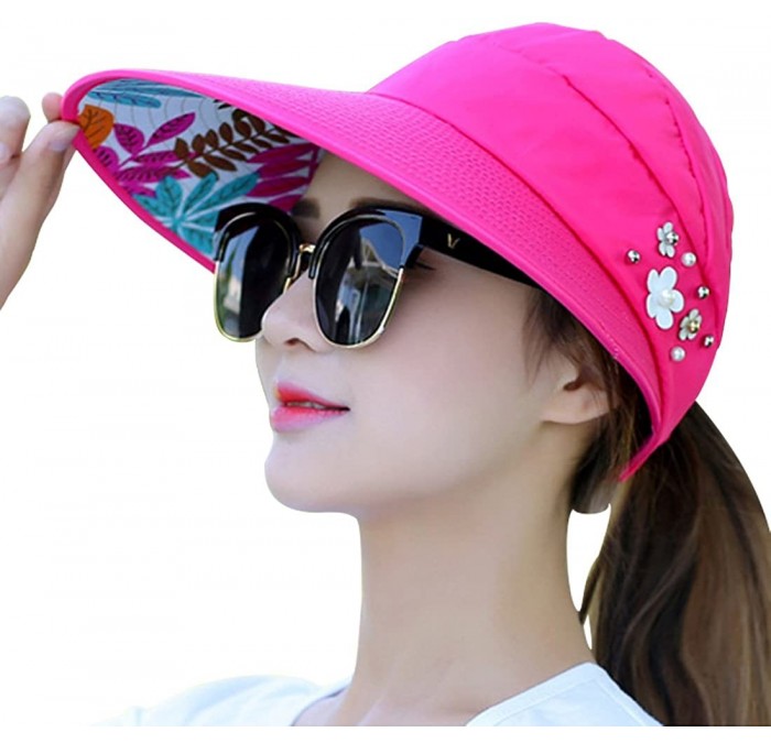 Sun Hats Women Foldable Sun Visor Hats Large Brim Summer UV Protection Beach Cap - Red - C118DWZONGA $7.77