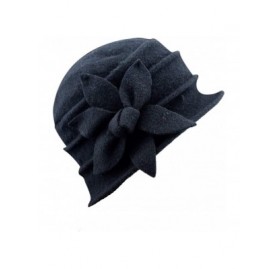 Skullies & Beanies Women 100% Wool Felt Round Top Cloche Hat Fedoras Trilby with Bow Flower - A6 Black - CH188A3CWTY $13.28