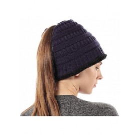 Skullies & Beanies Womens Ponytail Beanie Hats Warm Fuzzy Lined Soft Stretch Cable Knit Messy High Bun Cap - Navy Blue - CM18...