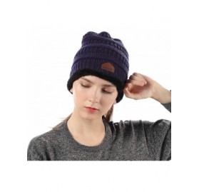 Skullies & Beanies Womens Ponytail Beanie Hats Warm Fuzzy Lined Soft Stretch Cable Knit Messy High Bun Cap - Navy Blue - CM18...