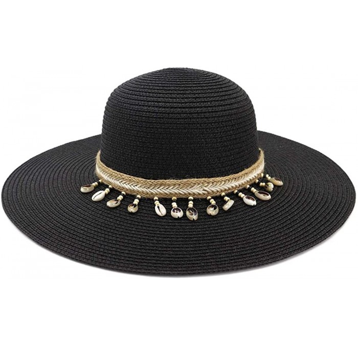 Sun Hats Womens Beach Straw Hat Wide Brim Summer UV Hat UPF 50+ Floppy Foldable Roll up Cap Sun Hat - Black - CE194OTM40H $24.92