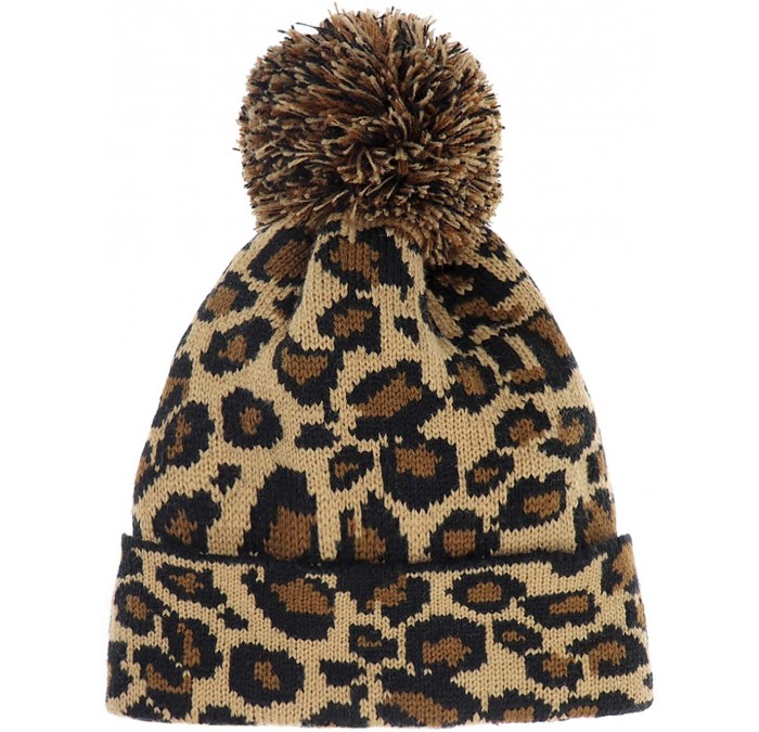 Skullies & Beanies Women Girls Fashion Winter Beanie hat with Leopard Pattern and Fur Pom - Brown - Leopard Pom - C218AWCW24X...