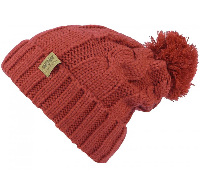 Skullies & Beanies Fleece Lined Warm Knitted Slouchy Pom Pom Cable Beanie Cap Hat - Burdundy - CL1875NCQE4 $11.51