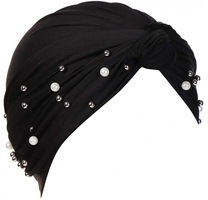 Balaclavas Women Muslim Turban Pearl Hat Bonnet Hijab Headscarf Islamic Chemo Cap - Black - CF18RAYSO9H $19.09