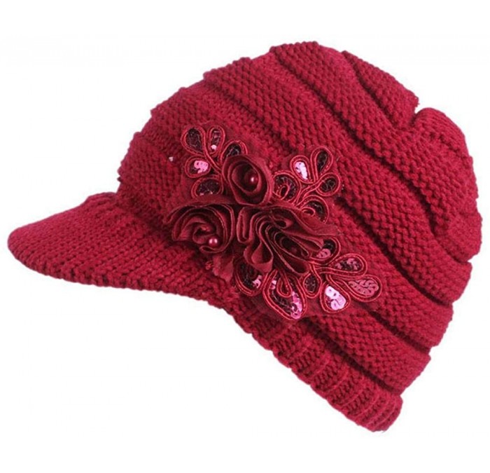 Skullies & Beanies Women Ladies Winter Warm Knitting Hat Visors Cap Berets Turban Brim Hat Pile Cap - Red - C018L0ZUSEZ $9.41