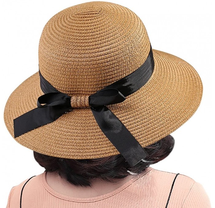 Sun Hats Straw Beach Sun Floppy Hat for Women Brim Bowknot Uv Protection Outdoor - Khaki - CB18E0GEKI6 $39.56