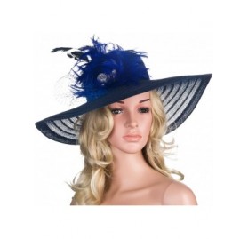 Sun Hats Womens Dress Church Kentucky Derby Wide Brim Feather Wedding Veil Sun Hat A265 - Navy Blue - CO11WUE2YLJ $23.56