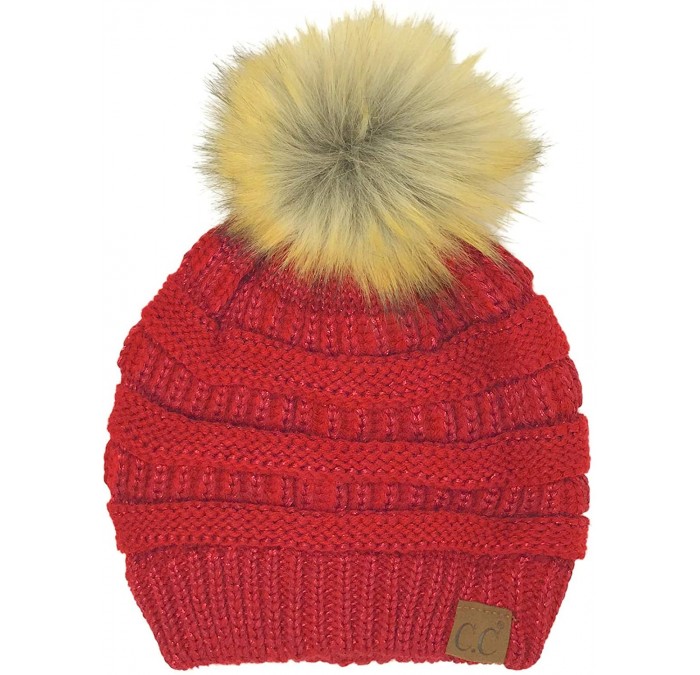 Skullies & Beanies Fur Pom Winter Fall Trendy Chunky Stretchy Cable Knit Beanie Hat - Metallic Red - C318YAGU3EH $18.17