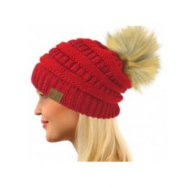 Skullies & Beanies Fur Pom Winter Fall Trendy Chunky Stretchy Cable Knit Beanie Hat - Metallic Red - C318YAGU3EH $18.17