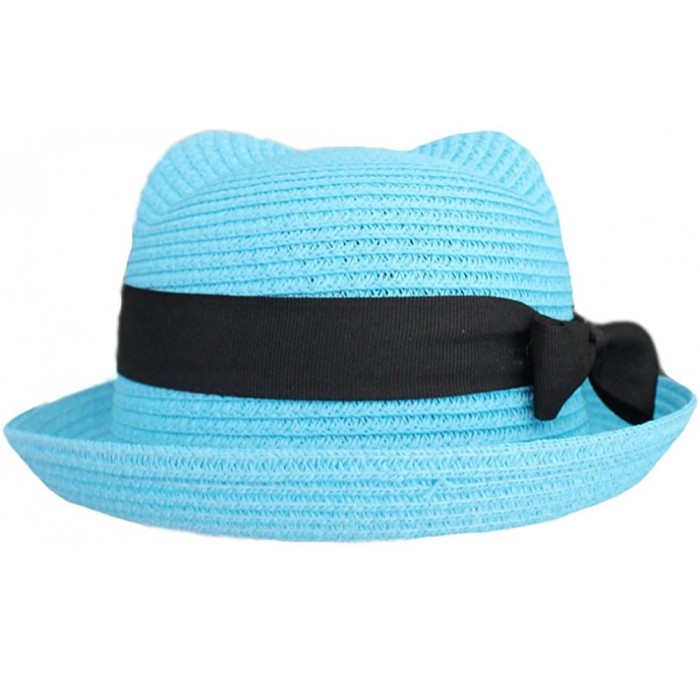 Sun Hats Women Vintage Cat Ear Bowler Straw Hat Sun Summer Beach Roll-up Bowknot Cap Hat - Sky Blue - CJ12DOGX73F $17.67
