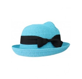Sun Hats Women Vintage Cat Ear Bowler Straw Hat Sun Summer Beach Roll-up Bowknot Cap Hat - Sky Blue - CJ12DOGX73F $10.65